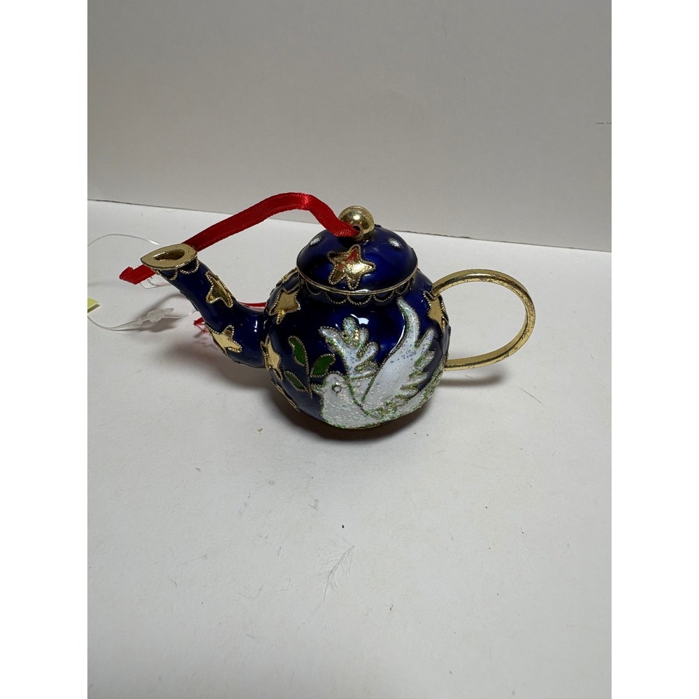 Blue Cloisonne Enamel Teapot Ornament Dove and Gold Stars Handcrafted